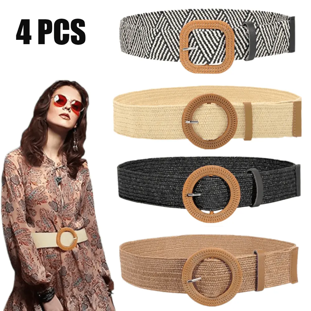 Women's 4pcs Straw Woven Waist Belts - Wide Boho Braids, Vintage Trendy Style, Elastic Band, Wooden-Style Buckle, Adjustable 1-Size Accessory for Dresses, Belts for Women, One Size