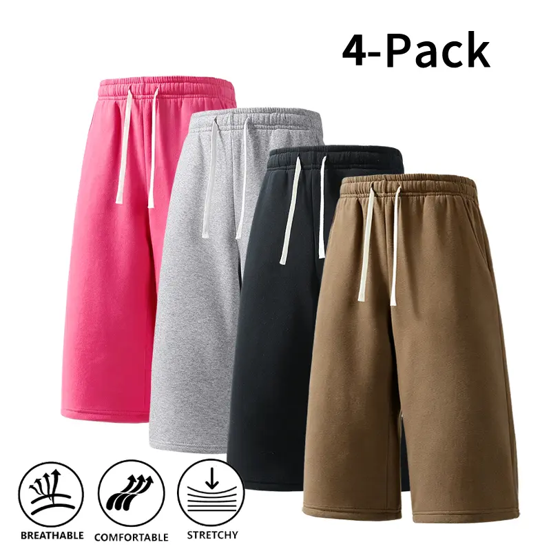 4-Pack Men’s Solid Color Comfortable Lounge Capri Pants, Elastic Waist, Soft Everyday Cropped Pants three-quarter length