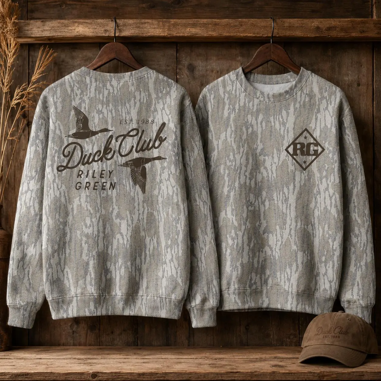 Riley Green Duck Club Est. 1988 Bottomland Style Camo Sweatshirt for Men, Flying Goose Hunting Crewneck Pullover, Outdoor Waterfowl Graphic Sweatshirt