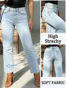 Spring Summer High Waist Elastic Women's Jeans Light Blue Casual Commuter Vacation Versatile Straight Leg Pants