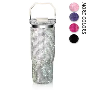 30oz Bling Rhinestone Studded Tumbler with Top Handle, Bling Cups Stainless Steel Water Bottle Diamond Glitter Tumbler for Women - Birthday Gifts for Women, Mom,