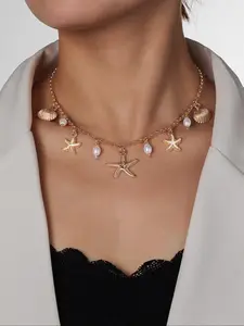 Boho Style Starfish & Shell & Faux Pearl Decor Necklace, Fashion Jewelry for Party, Daily Clothing Decor, Trendy All-match & Exquisite Jewelry for Birthday Gift