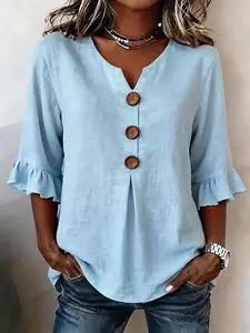 Women's Casual Textured Organic Botanical Blend Top Summer Fine Knit Buttoned Blouse Fluid Ruffle Cascade V-Neckline Soft Breathable Garment for Daily Elegant Life
