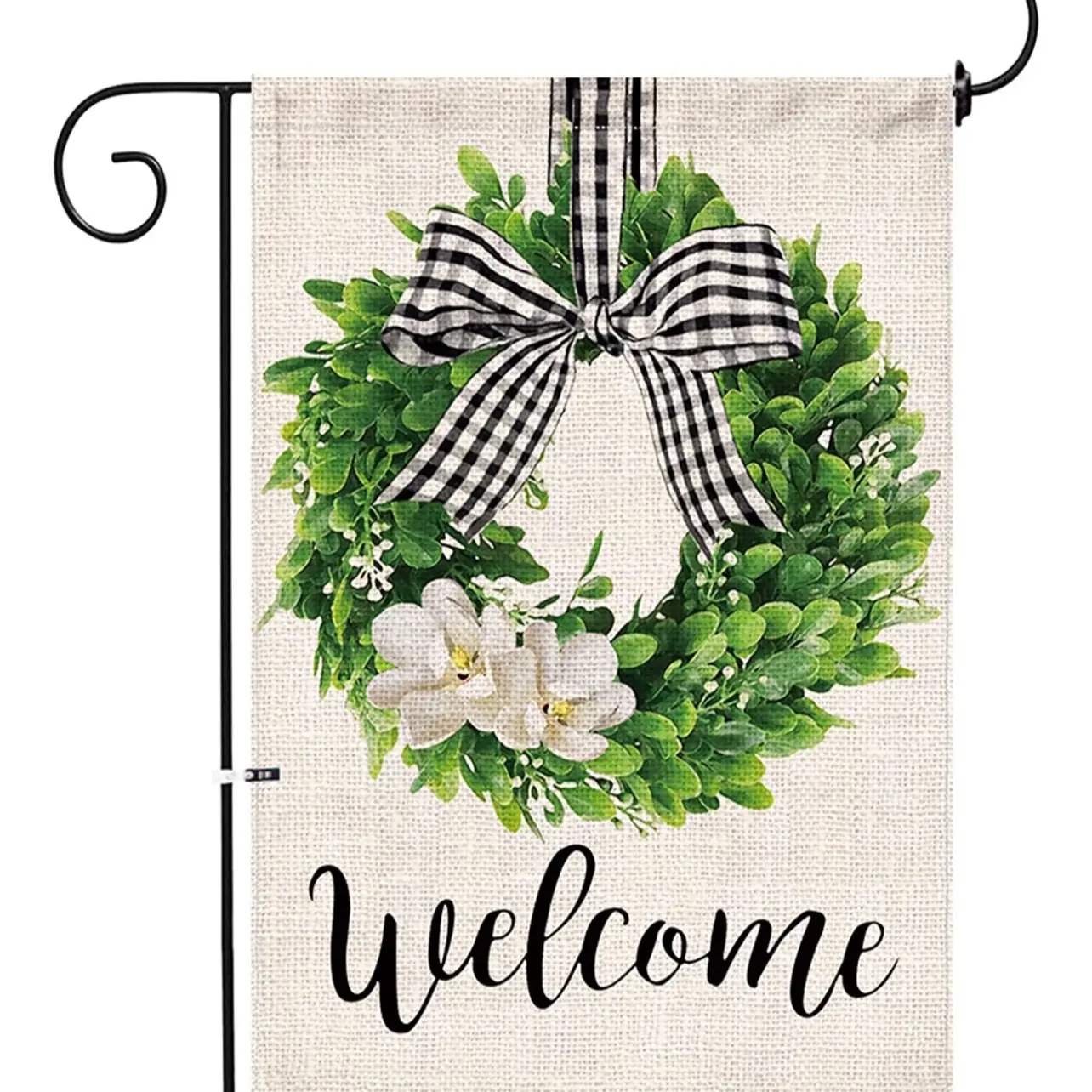 Boxwood Wreath Welcome Garden Flag 12x18 Inch Double Sided Outside, Buffalo Plaid Bow Burlap Yard Outdoor Decoration