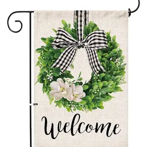 Boxwood Wreath Welcome Garden Flag 12x18 Inch Double Sided Outside, Buffalo Plaid Bow Burlap Yard Outdoor Decoration