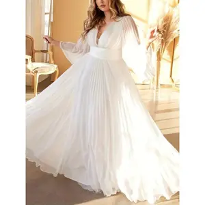 Plus Size Pleated Elegant Dress Female Solid V Neck Clothing Luxury Dinner Evening Long Robe 2024 Spring Women Party Formal Womenswear White Workwear Bohemian Bridal Chiffon Fabric Maxi Sleeves Strappy Style Fashion Beach
