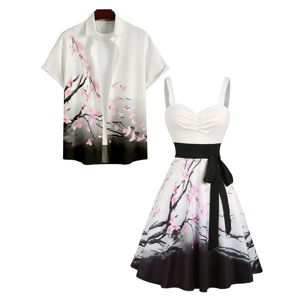 Couple Set Vacation Party Matching Outfits Floral Print Women's Sweetheart Neck Ruched Bust Belt Dress and Men's Button Up Shirt Hawaii Outfit