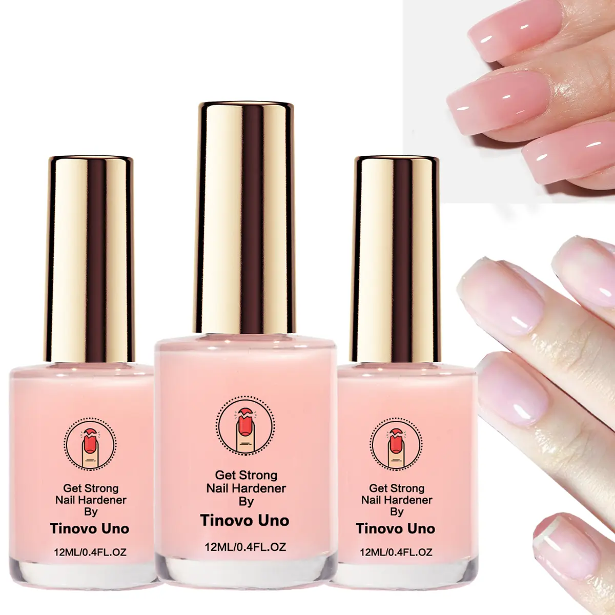 Tinovo Uno Nail Strengthener & Hardener with Keratin, Luminous Sheer Pink Tint for Peeling Fix - Non-Toxic Beauty Products (3 Pack, 12ml), Natural, Glossy Nails, Adults, Liquid, Contains Keratin, Bottle, Milky Pink Nail Thickening Solution