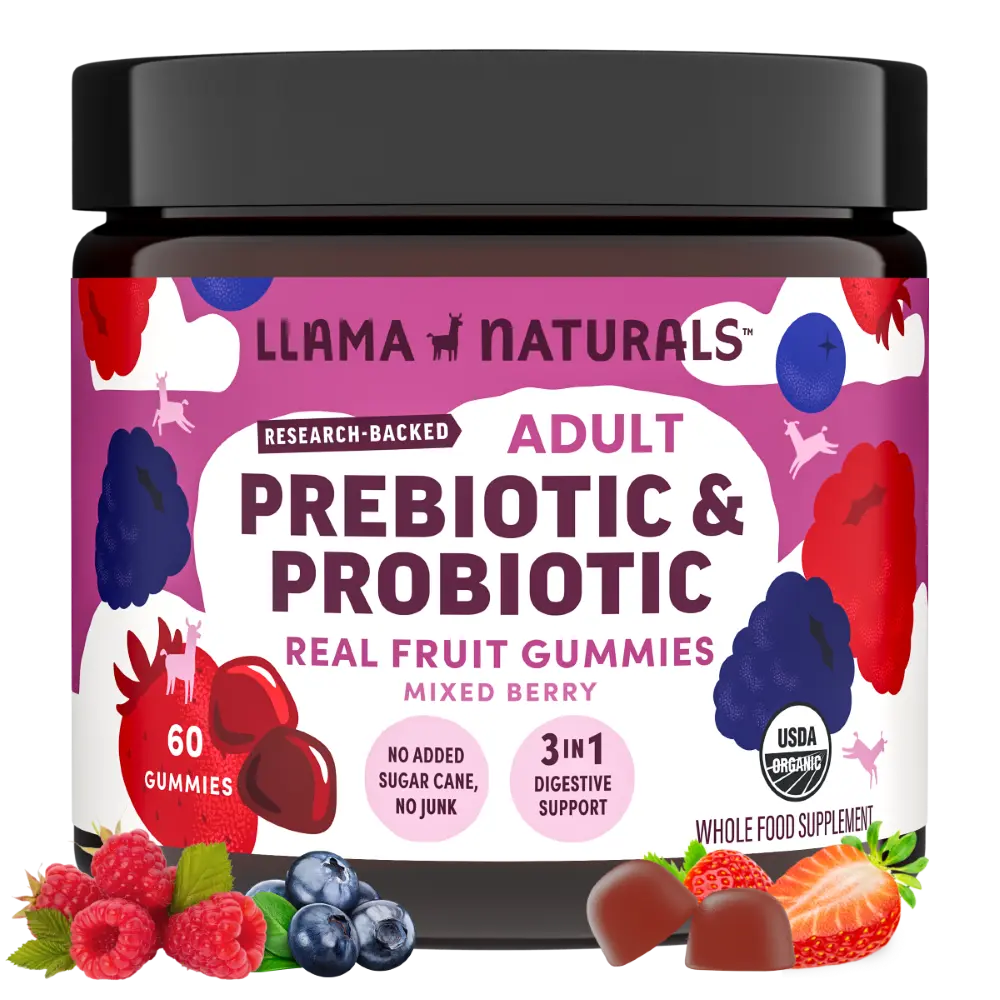 Llama Naturals Probiotics for Women and Men with Prebiotic Fiber, Vegan, Organic, Probiotic Gummies for Gut Health Support, Adults Real Fruit Gummy Vitamins, No Added Sugar Cane, Mixed Berry, 60 Ct