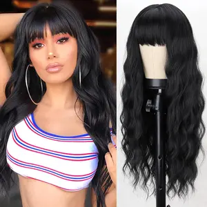 Missqueen Long Black Wig with Bangs, 26 Inch Women's Synthetic Wavy Bangs Black Wig, Women's Long Curly Heat Resistant Black Wig, Cosplay Selena Black Wig