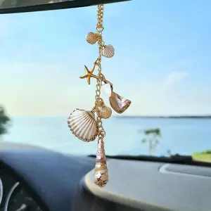 Sea Shells  Decor,Cute Coastal Hanging Charm for Rear View Mirror, Boho Beach Themed  Accessories,Hand-Made Starfish Conchas Aesthetic Ornament Pendant for Women
