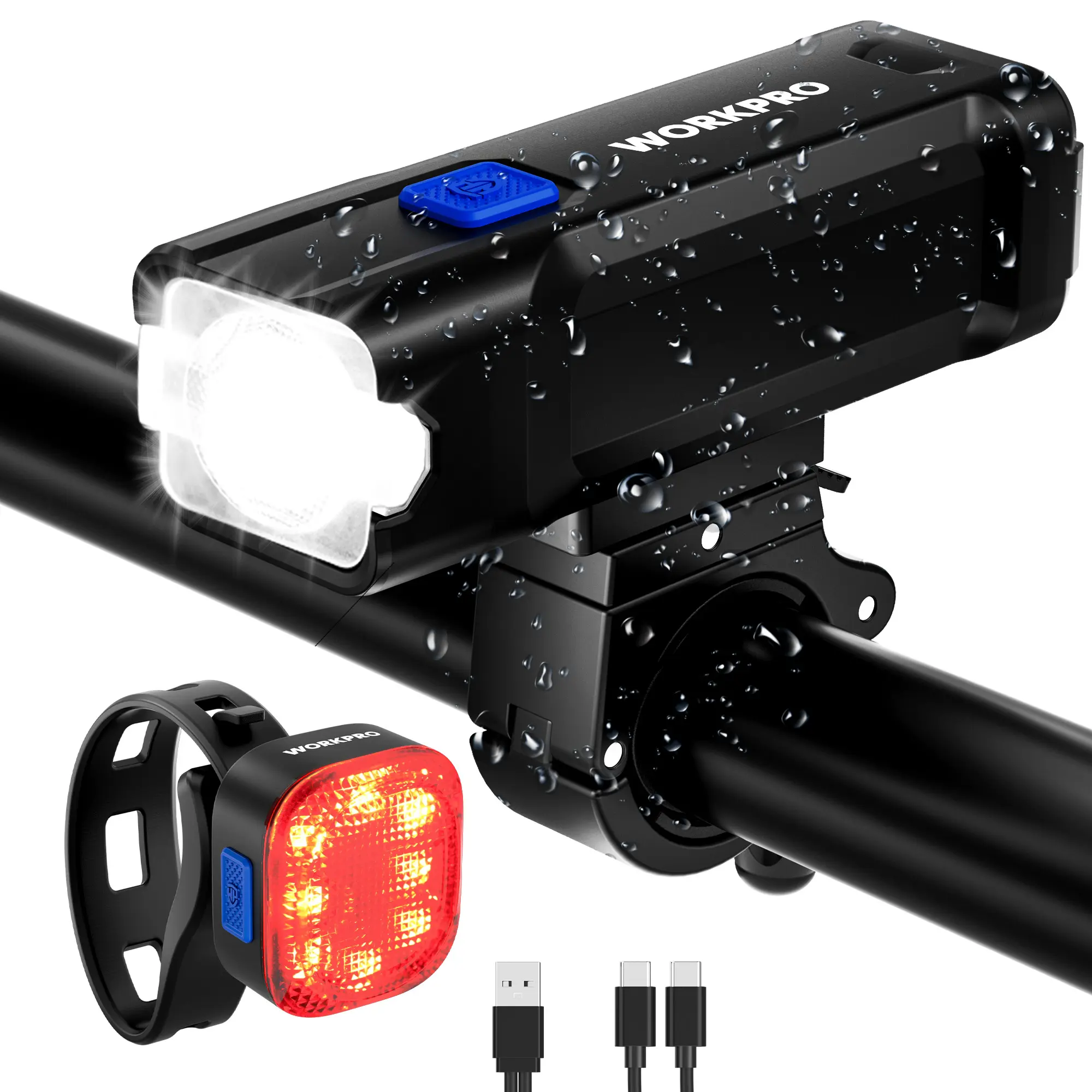 WORKPRO Bike Light for Night Riding, Rechargeable Ultra-Bright Bike Lights Front and Back, 3+5 Modes Bicycle Headlight and Taillight Set, Waterproof Cycling Lights for Mountain, Road Bike Riding