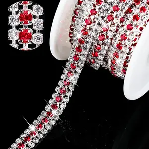 3 Rows 6 Yards Crystal Rhinestone Trim Close Chain Bling Diamond Rhinestone Jewelry Chain for Crafts DIY Sewing Clothing Wedding Party Making Decorations Bridal Embellishments Red and White