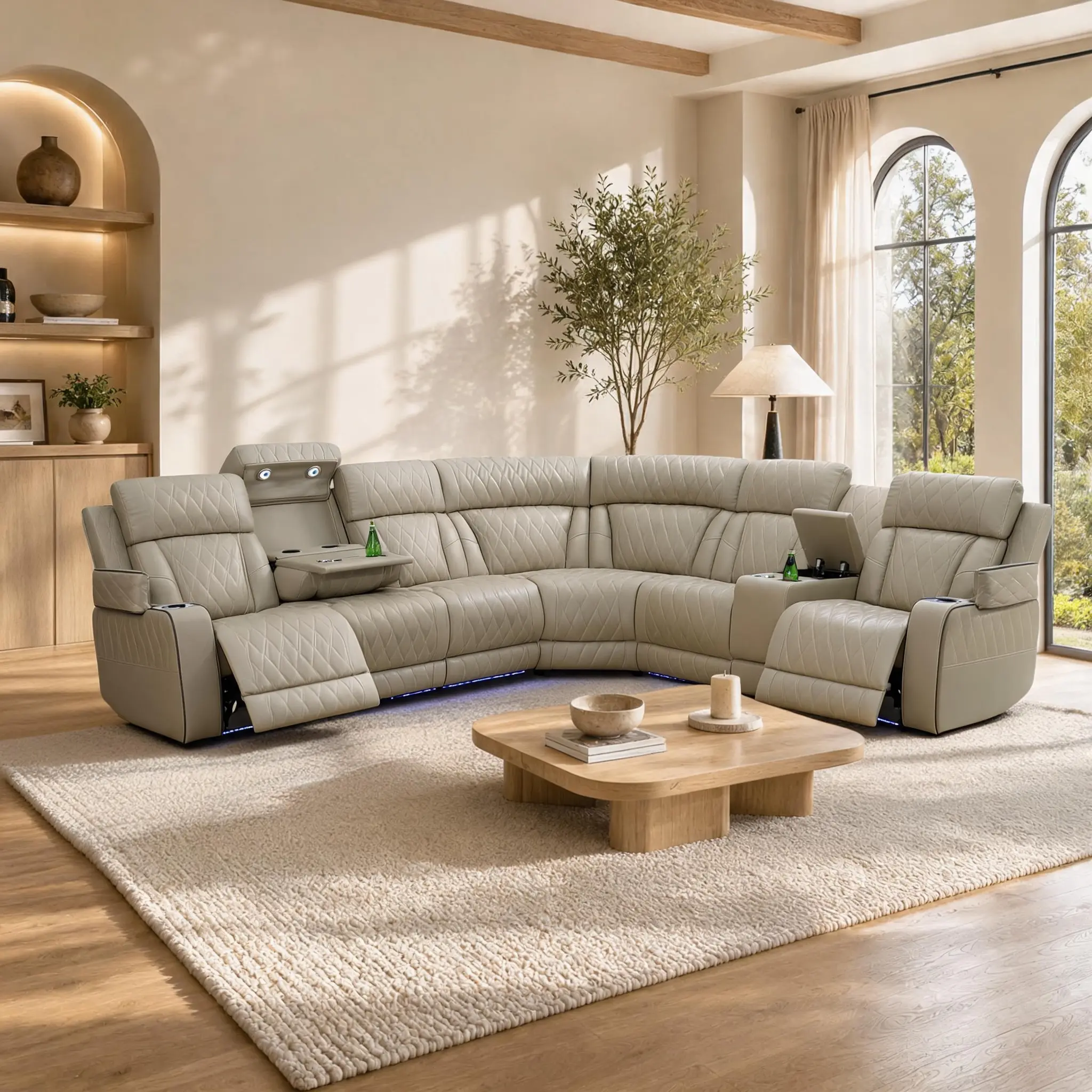 Aainehome Beige Power Reclining Leather 3-Piece Sofa Set, Multi-Piece Living Room Furniture with LED Red Breathing Feature, Stylish Comfortable Sofas for Living Room Decor