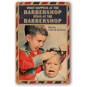 Vintage "What Happens At The Barbershop" Metal Sign - 8x12 Inch Funny Barber Wall Decor, Perfect Gift for Hairdressers & Salon Owners