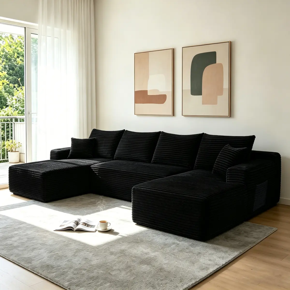 134" Cloud Couch Sectional, Modular Sofa with Cup Holder and Storage Pocket, Corduroy U Shaped Boneless Sofas, Couch in a Box, No Assembly Required, Black Couches for Living Room