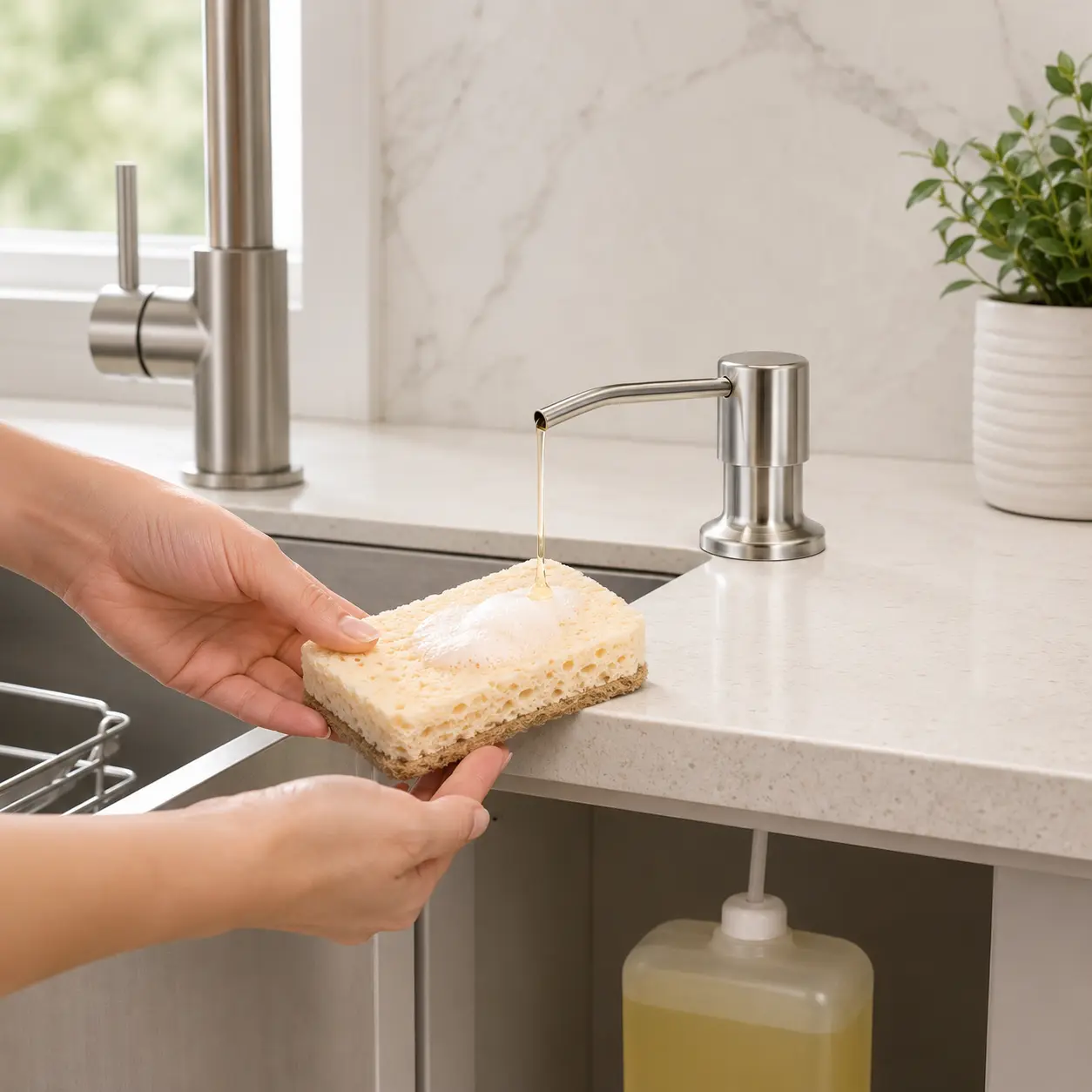 Soap Dispenser for Kitchen Sink, Built in Sink Soap Dispenser (Brushed Nickel), Countertop Dish Soap Dispenser Stainless Steel Pump with 47" Extension Tube kit, No Need to Frequent Refills
