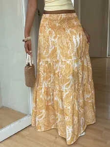 Women's Summer Boho Print High-Waisted Loose Fit Lightweight Midi Skirt, Perfect for Beach Vacations and Daily Wear, Elegant and Casual Style, Womenswear