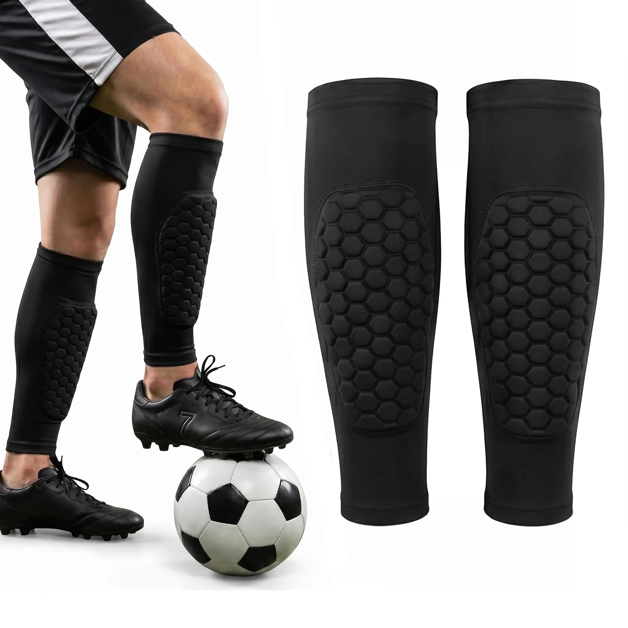 Soccer Shin Guards with Honeycomb Padding, Calf Compression Sleeves for Kids, Youth & Adult, Anti-Collision Leg Protective Gear for Football, Basketball, Running