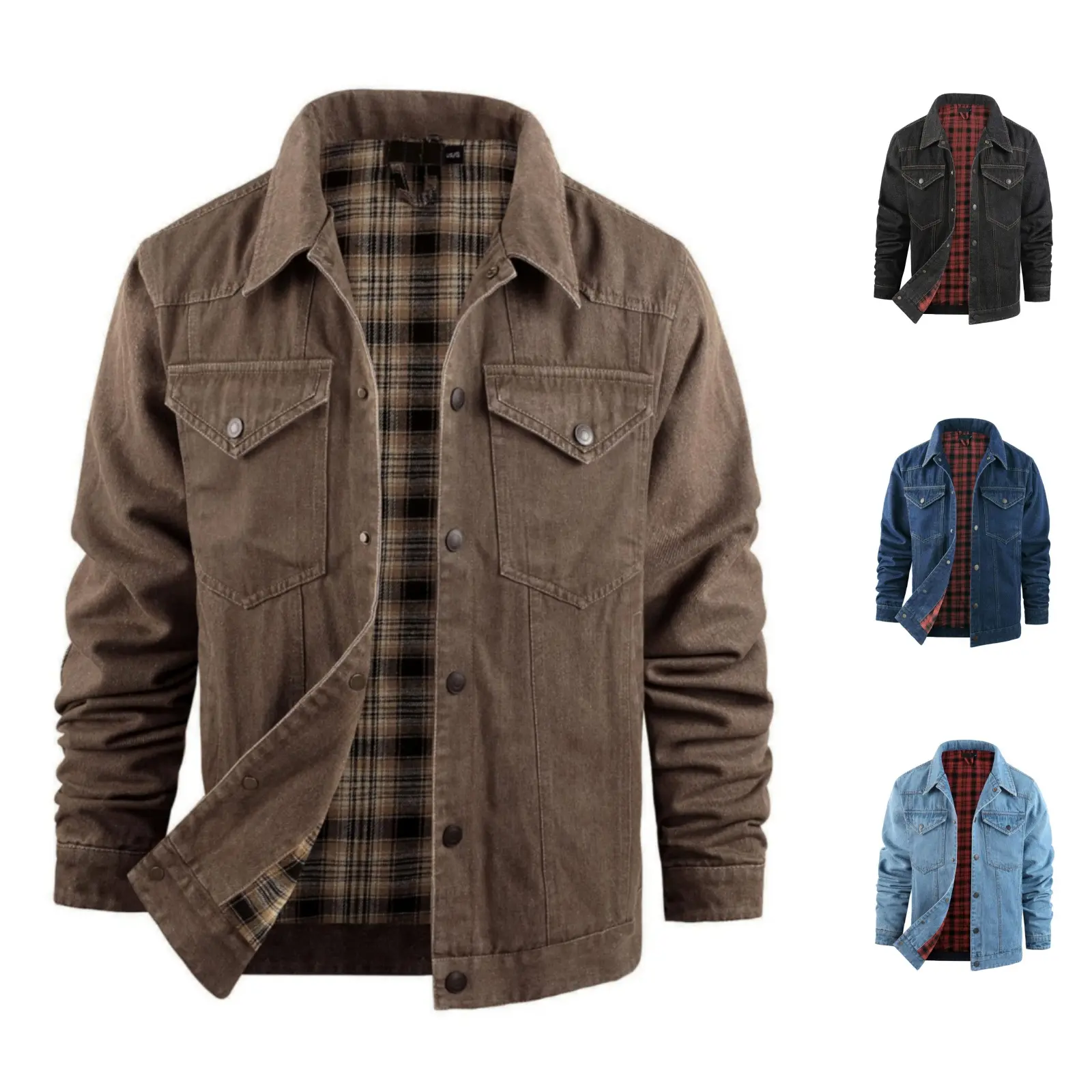 Gihuo Mens Flannel Lined Denim Jacket Snap Cowboy Cut Western Classic Slim Fit Vintage Heavy Duty Jacket Trucker Coat Tops Menswear