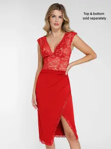 Popilush Lace Built-in Shapewear Deep V-Neck Bodysuit Detachable Skirt Tummy Control Adjustable Womenswear Vneck