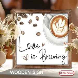 (2D Flat)  1PC 8 x 8 Inches Romantic Wedding Wooden Sign Love Is Brewing Coffee Cup Memorial Table Sign for Wedding Bridal Shower Party Decor, Loving Memory for Ceremony and Reception