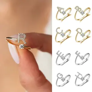 Summer 2026 Creative Letter Cuff Ring with Artificial Zircon Decor, Adjustable Open Ring, Fashion Jewelry for Women & Girls
