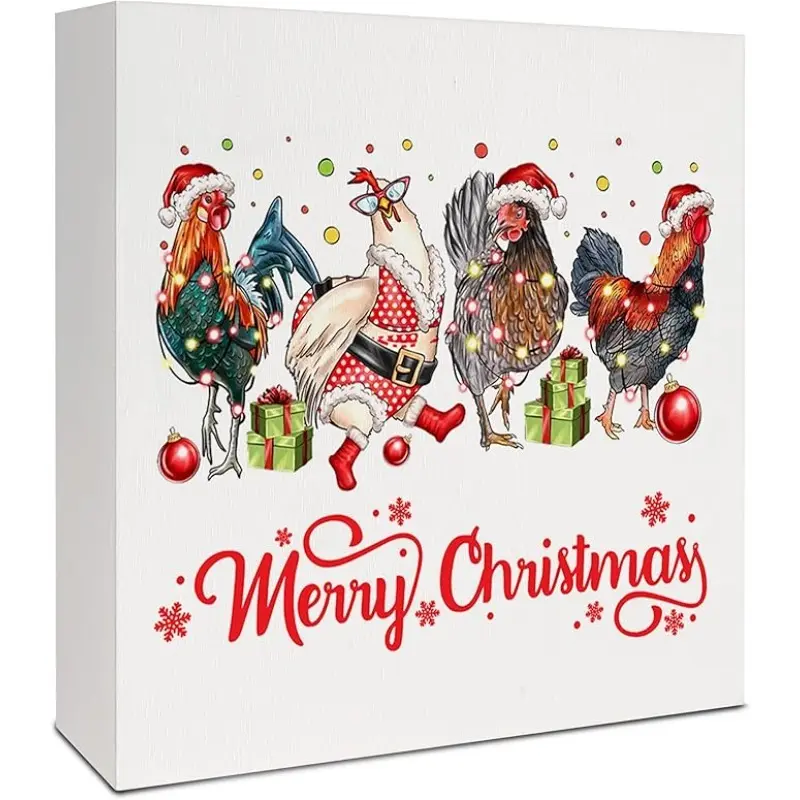 Chicken Christmas Wooden Box Sign, Rustic Christmas Chicken Decor, Farmhouse Xmas Hen Rooster Wood Signs for Home Office Desk Table Shelf Decorations, 5x5 Inch