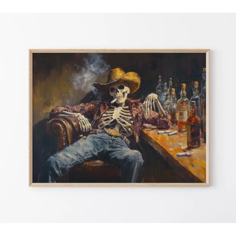 Wild West Remains: Oil Painting Poster of a Skeleton Cowboy in a Bar |   Western-style Poster |   Cowboy Artwork |   Road Trip Gift |   Southwestern-style Poster, Unframed Art Print wall decor