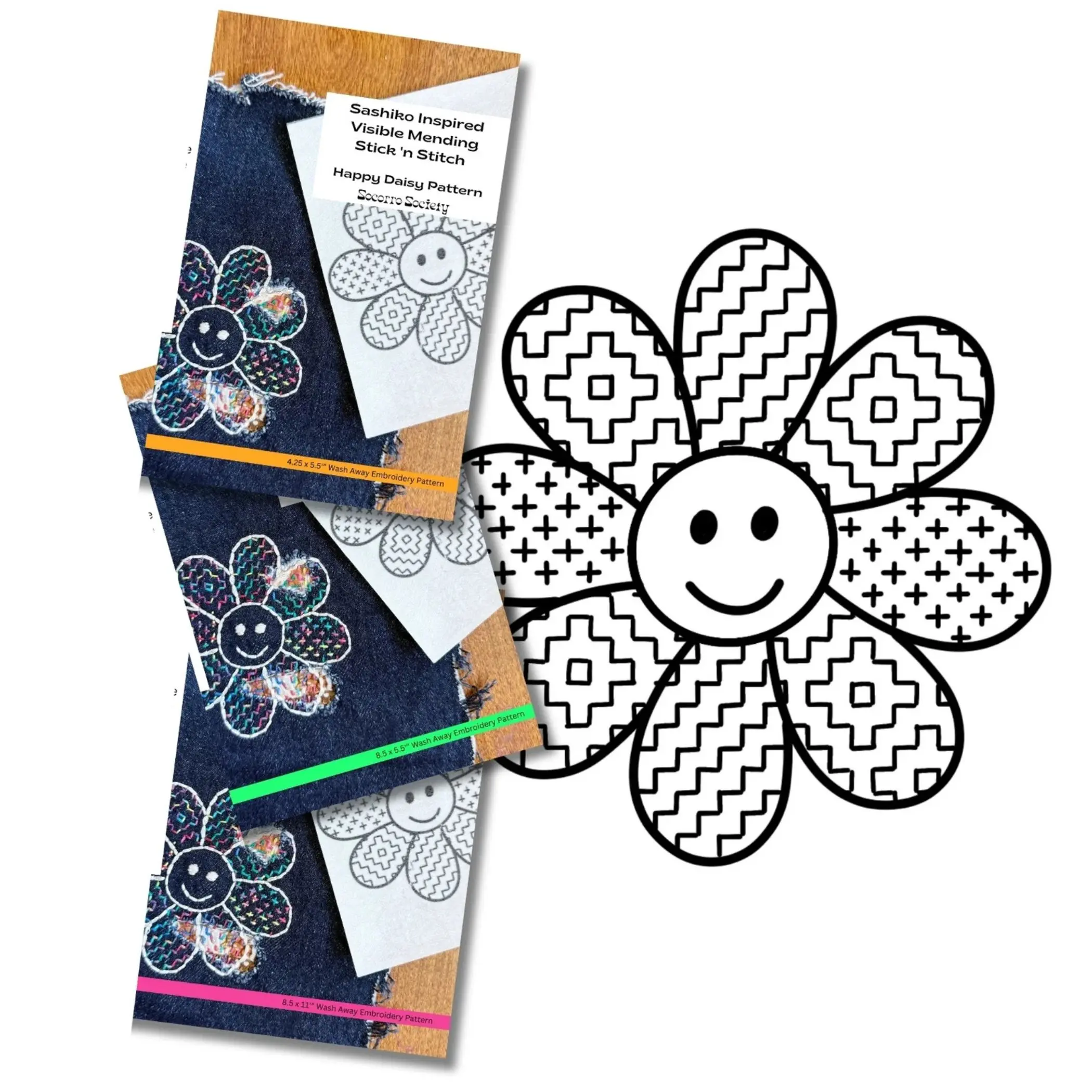 Socorro Society Sashiko Happy Daisy Visible Mending Stick-and-Stitch Embroidery Pattern