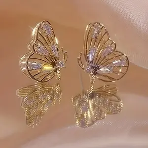 Delicate Hollow Butterfly-Shaped Stud Earrings, 18K Gold Plated, Zirconia Inlaid, Elegant and Cute Party Ear Decor, Adorable Gifts