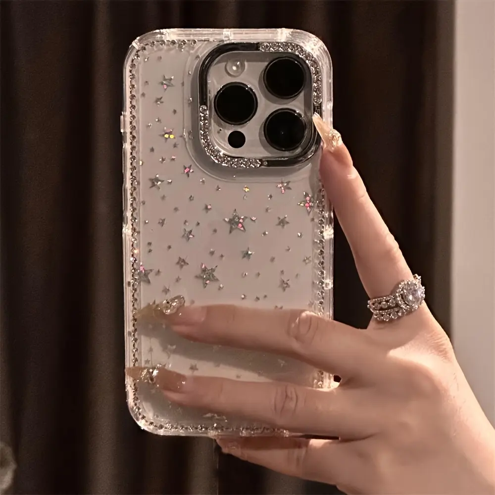 Luxury Rhinestone Fashion Phone Case, Sparkling Diamond Border Star Transparent Shockproof Cover for iPhone 17,16,15,14,13,12 Pro Max - Christmas Gift, New Year's Present, Easter Surprise, Halloween Treatment.
