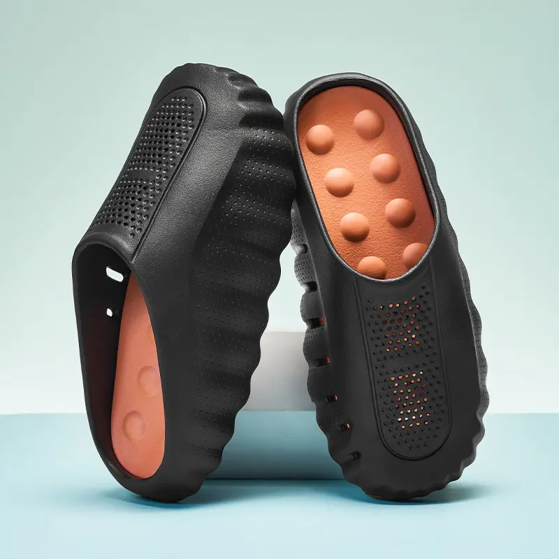 Men's Trendy Closed Toe Slide Slippers, EVA Massage Footbed Casual Slides, Large Size Available, Hollow Breathable Non Slip Thick Sole Indoor Outdoor Fashion Sandals