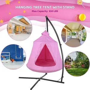 Arlopu X-Shaped Hanging Tree Tent with Swing Chair, Metal Hanging Hammock with LED Lights, 330 LBS Weight Capacity, Adjustable Solid Stand, Kids Play House