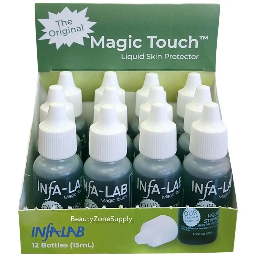 Infalab Magic Touch Liquid Styptic Nail Treatment - Water-Based Nail Care Stop Bleeding Skin Protector for Manicure Minor Injuries, 0.5 oz, 12 Bottles (Youth-Focused Formula), Twelve Bottles