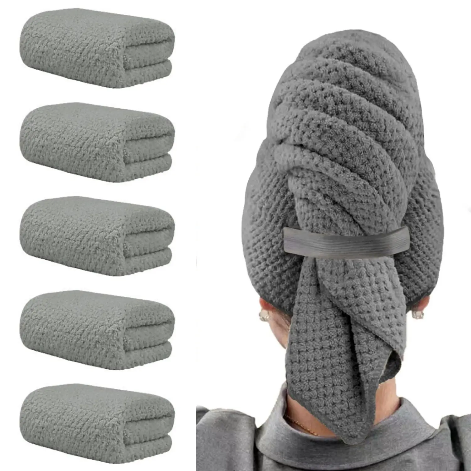 5 Pcs Large Microfiber Hair Towel Wrap for Women,Grey 40 x 23.6 inch Super Soft, Fast Drying Turbans for Long, Thick, Curly Hair - Anti Frizz Wrap with Elastic Strap - Home Improvement.