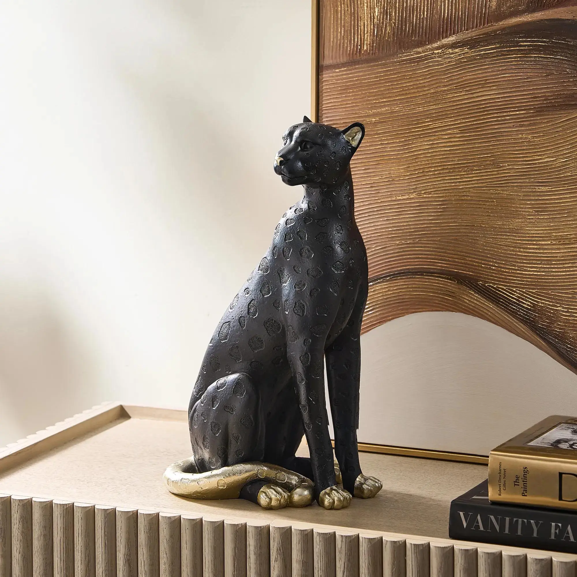 Z Gallerie Midnight Leo Resin Leopard Statue - Bold Matte Finish, Gold Accents, Tail, Abstract Figure Sculpture - High-End House Decor, Decor for Living Room, Slim Console Fit Interior Accessory (10.25"W x 7.25"D x 17.75"H), Resin Body