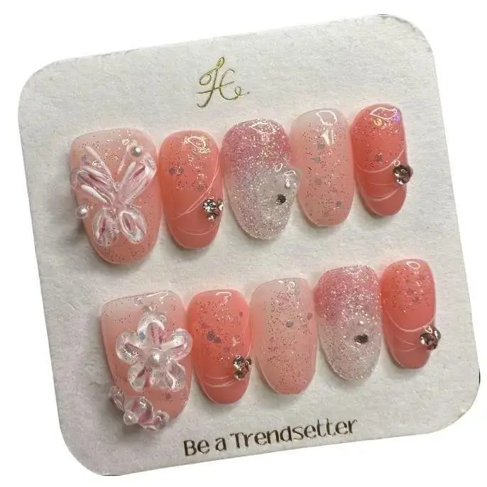 T12 Press-On Nails with Hand-Embossed Butterfly and Flower, Pink Gradient Design, Reusable Nail Art Kit,  Removable Casual, M, Flower Nails