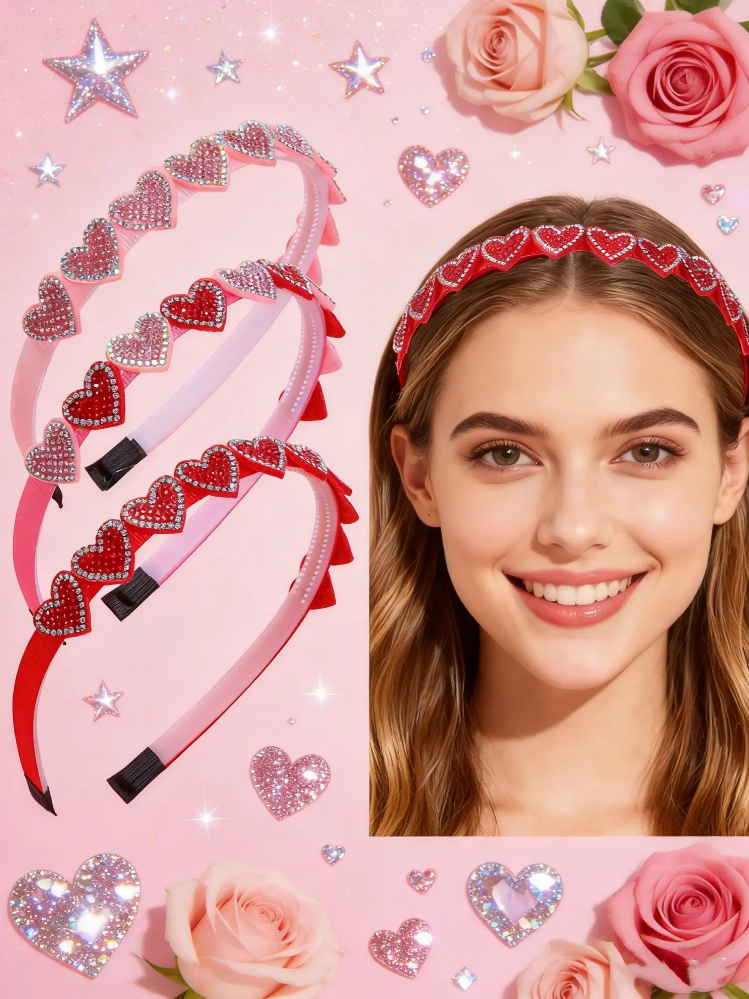 3pcs Valentine's Day artificial rhinestone heart-shaped headband, Bling hair headband, women's, girls' anti slip headband, with shiny simulated rhinestone heart-shaped design, beautiful hair accessories, perfect for Valentine's Day parties