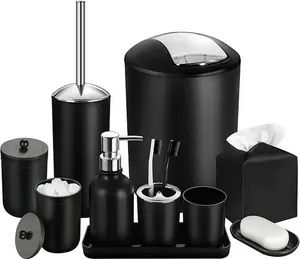 Black Bathroom Accessories Set, 10Pcs Bathroom Accessory Set with Trash Can, Soap Dispenser and Toothbrush Holder, Soap Dish, Cotton Ball & Qtip Holder, Toilet Brush Holder, Tissue Box Cover