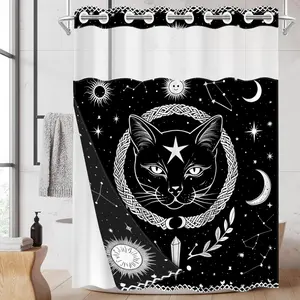 1pc hookless shower curtain with buckle lining, black and white star and moon cat pattern design 2D flat printing, fabric waterproof lining shower curtain with see-through window double layer shower curtain, 71 x 74 inches, modern home curtain decoration.