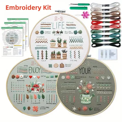 3 Pack Beginner Embroidery Kits for Adults DIY Starter Kit with 33 Stitch Techniques,Stamped Patterns,Embroidery Hoop,Colorful Threads,Tools,Christmas Party Gifts,DIY Hand Tools Kits,Springtok