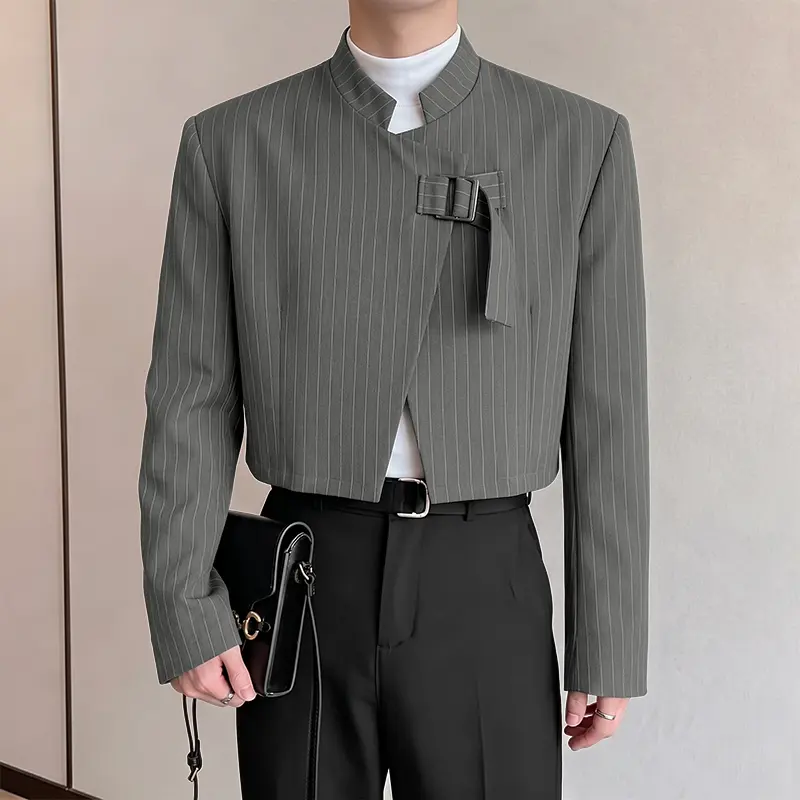 INCERUN Menswear Elegant Polyester Black Stand Collar Long Sleeve Striped Blazer - Basic Spring Autumn Casual Office Work Jacket, Simple