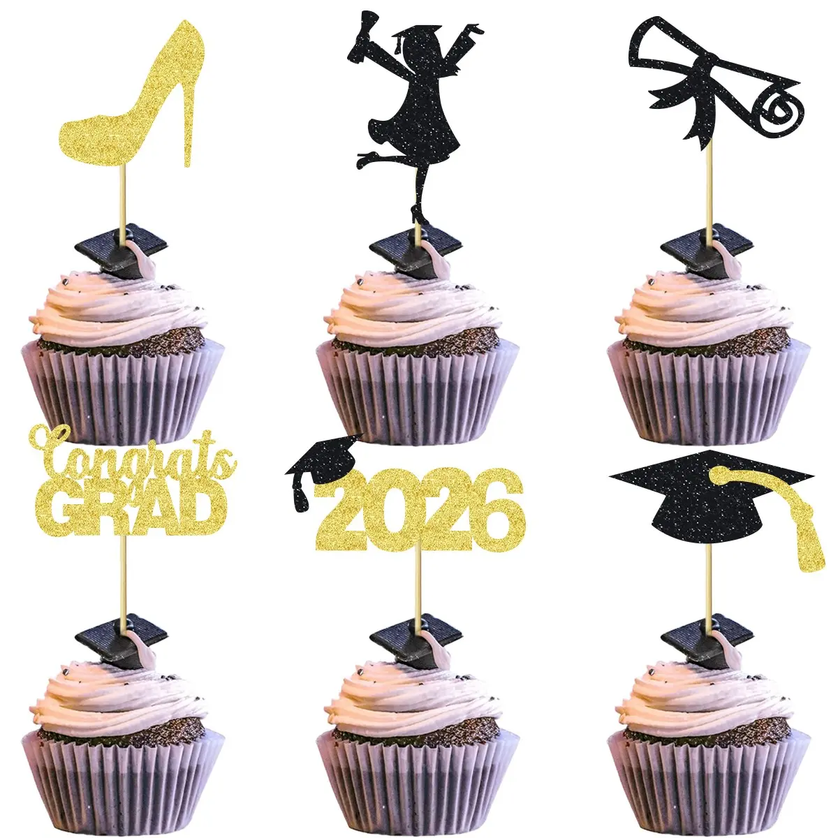 12/24Pcs 2026 Graduation Theme Cupcake Toppers Glitter Diploma High-heeled shoes Graduation Cap Women Class of 2026 Graduation Cap Diploma Cupcake Picks 2026 Theme Party Cake Decorations Supplies Cake Decorating Supplies