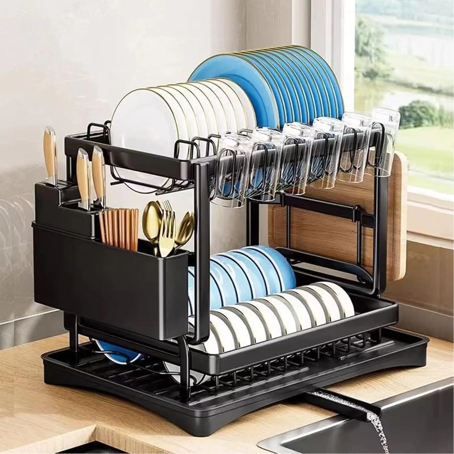 2-Tier Stainless Steel Kitchenware Rack, Rustproof Kitchen Counter Organizer with Cutlery Cup Holders & Draining Tray, Multifunctional Dish Drainer