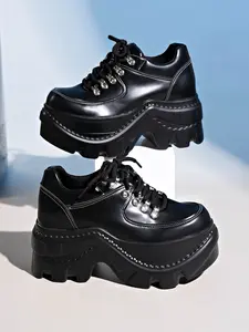 Women's Thick Sole Platform Shoes, Gear Bottom Small Leather Shoes, Gothic Style, Metal Buckle, British Knot, Height Increasing, Casual, Rubber, Walking Shoes