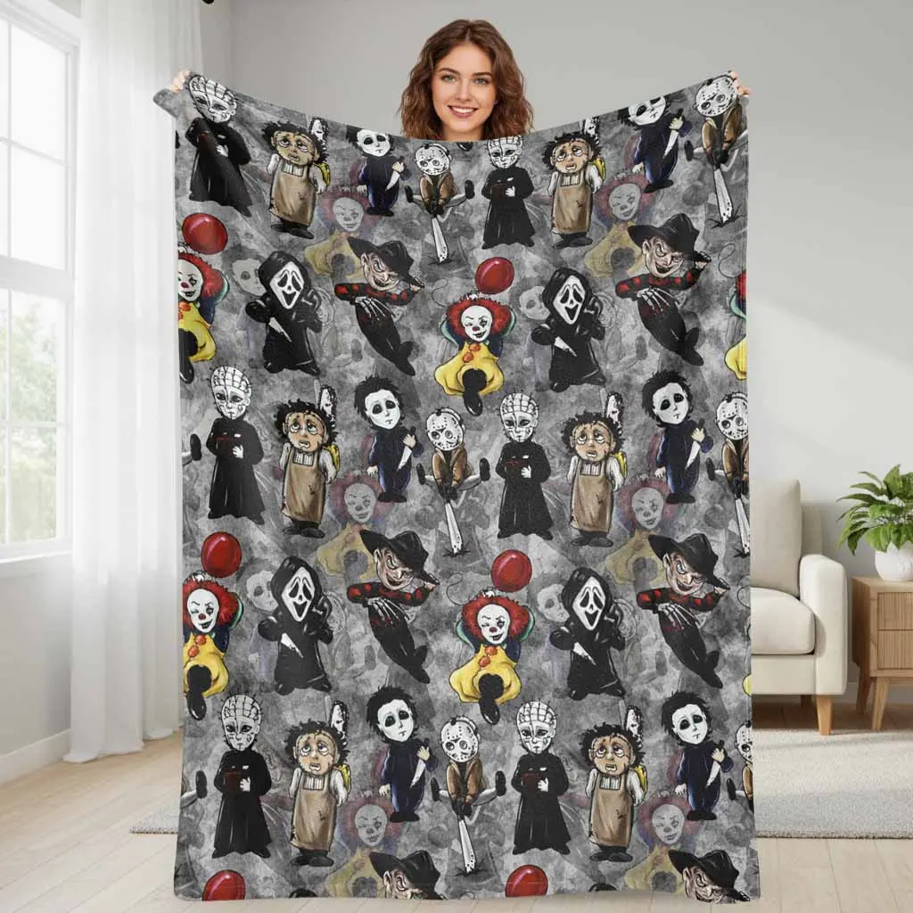 Halloween Horror Chibi Villain Print Flannel Fabric Blanket - Super Soft, Lightweight Plush Throw, Multi-Size, Cozy Look Bed/Sofa Cover for Home & Travel, Warm Fleece Bedding Decor Halloween Party Gift