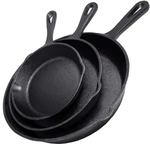 3-Piece Cast Iron Skillet Set - Heavy-Duty Pre-Seasoned Pans (10", 8", 6") for Frying, Sautéing, Pizza, and More. Perfect for Home & Professional Use.