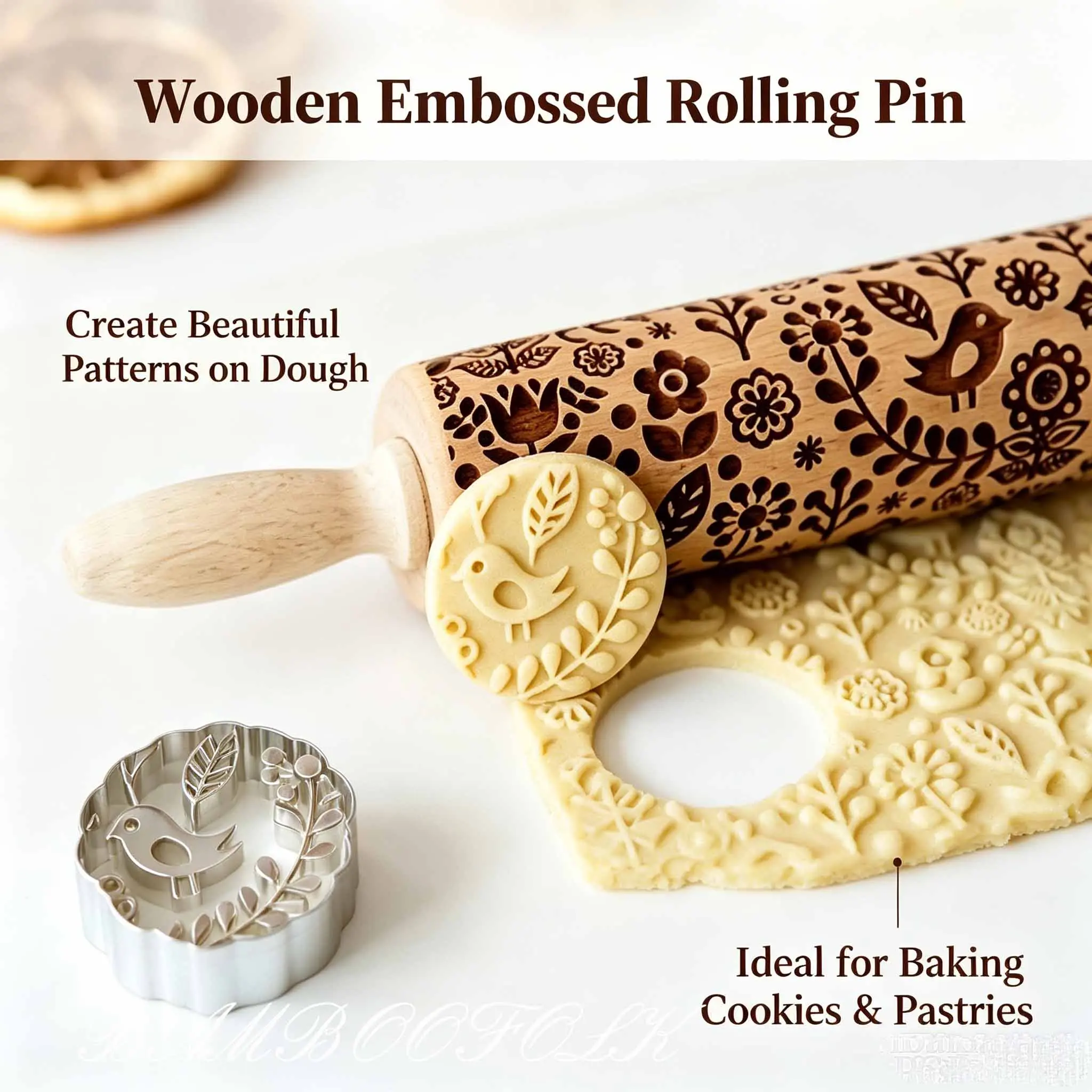1pc Birds and flowers Cookie molds, Embossing Rolling Pin, LaserEngraving Rolling Pin, Biscuit Decorating Roller, Suitablefor Christmas Gifts