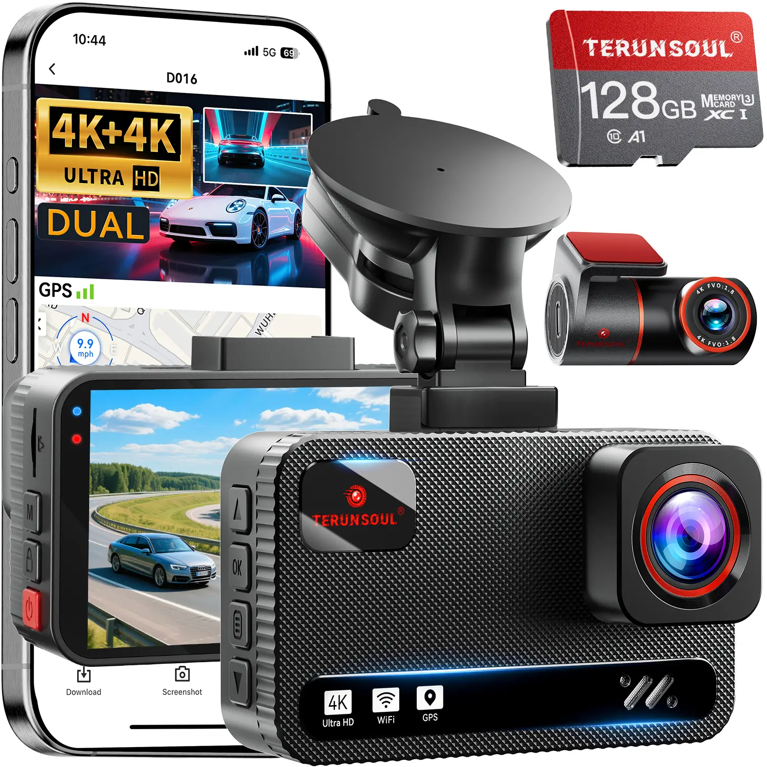 TERUNSOUL D016 2 Channel 4K+4K WiFi Dash Cam with Front and Rear Cameras, 128G Card, GPS, G-Sensor, 170° Wide Angle, 3" IPS Screen, 24H Parking Mode dashcam sohochic